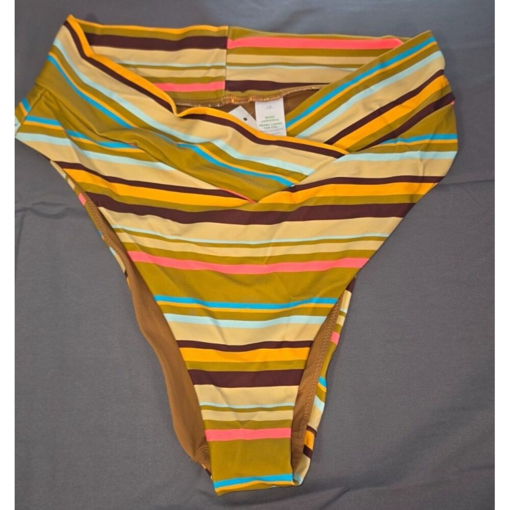 Aerie Brown Orange Striped High Cut Cheeky Swim Bathing Suit Bottom Large New